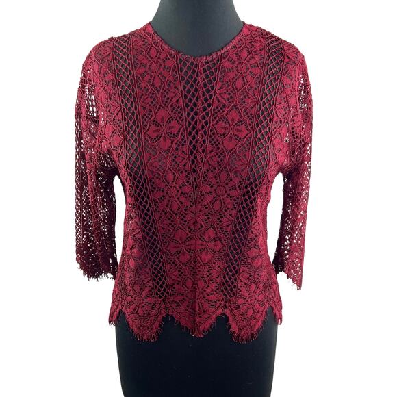 SANDRO Crochet Top Burgundy 3/4 Sleeve Scalloped Hem Round Neckline Size 1 - Picture 1 of 6